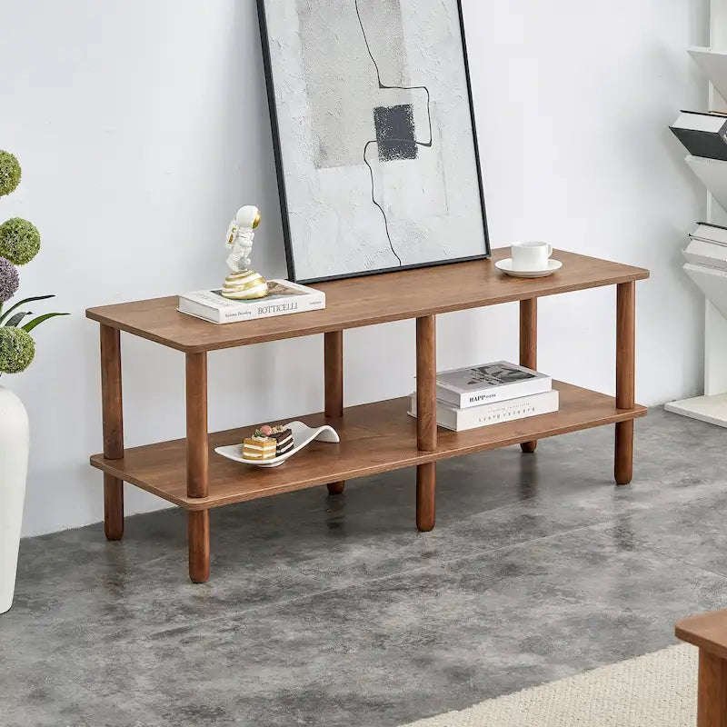 Meuble TV moderne à 2 niveaux avec étagère de rangement ouverte et pieds en bois d'hévéa