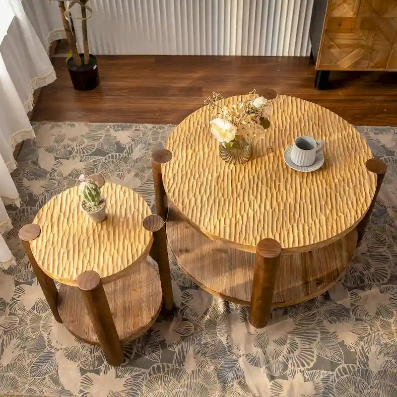 Table basse ronde à deux niveaux avec étagère de rangement