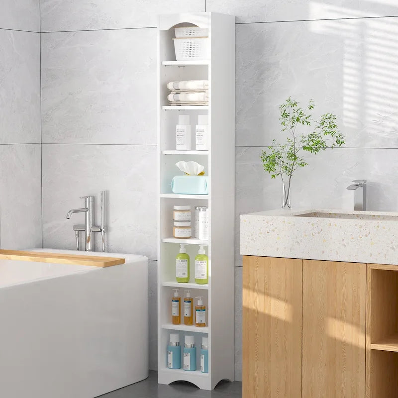 Armoire à linge étroite de salle de bain VECELO, 8 niveaux, en bois massif, avec 8 étagères.