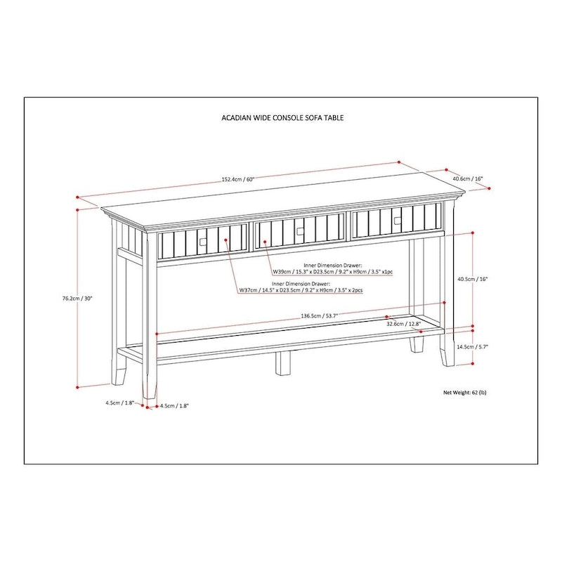 Console/table basse large en bois massif WYNDENHALL Normandy, style transitionnel, 152 cm (60 po) de large - 152 x 41 x 76 cm (60 x 16 x 30 po)