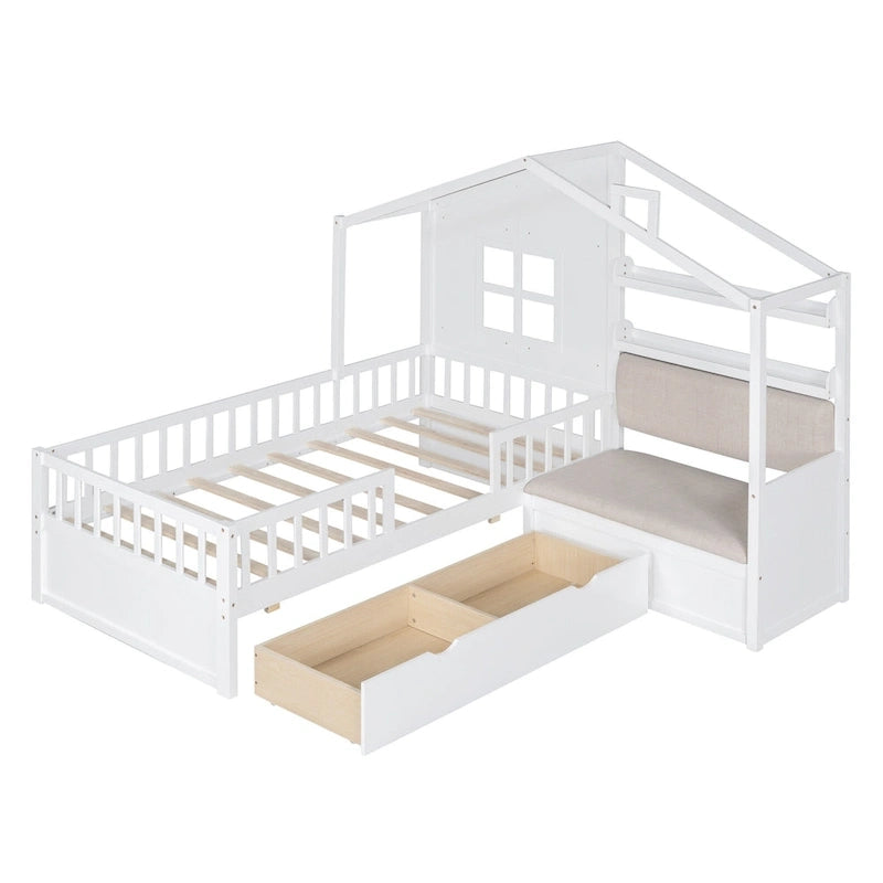 Lit cabane une place avec canapé intégré, lit plateforme enfant avec deux tiroirs et une étagère de rangement, gris
