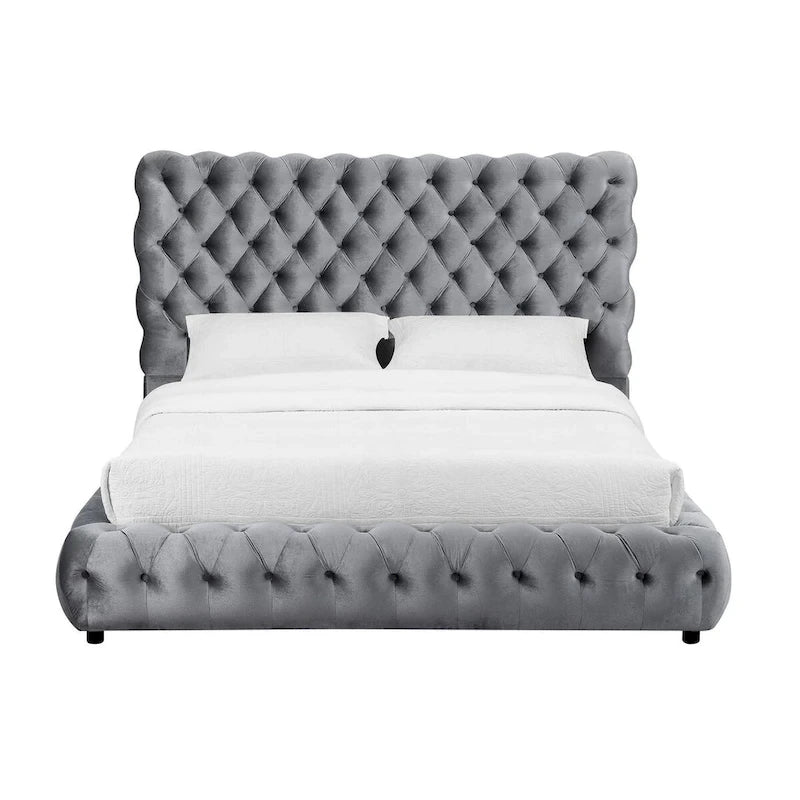 Lit James King Size, style plateforme, revêtement en velours gris capitonné