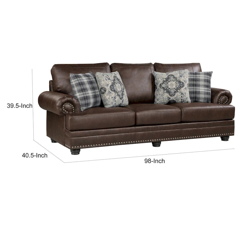 Canapé Jade 250 cm, microfibre marron foncé, 4 coussins moelleux, bois