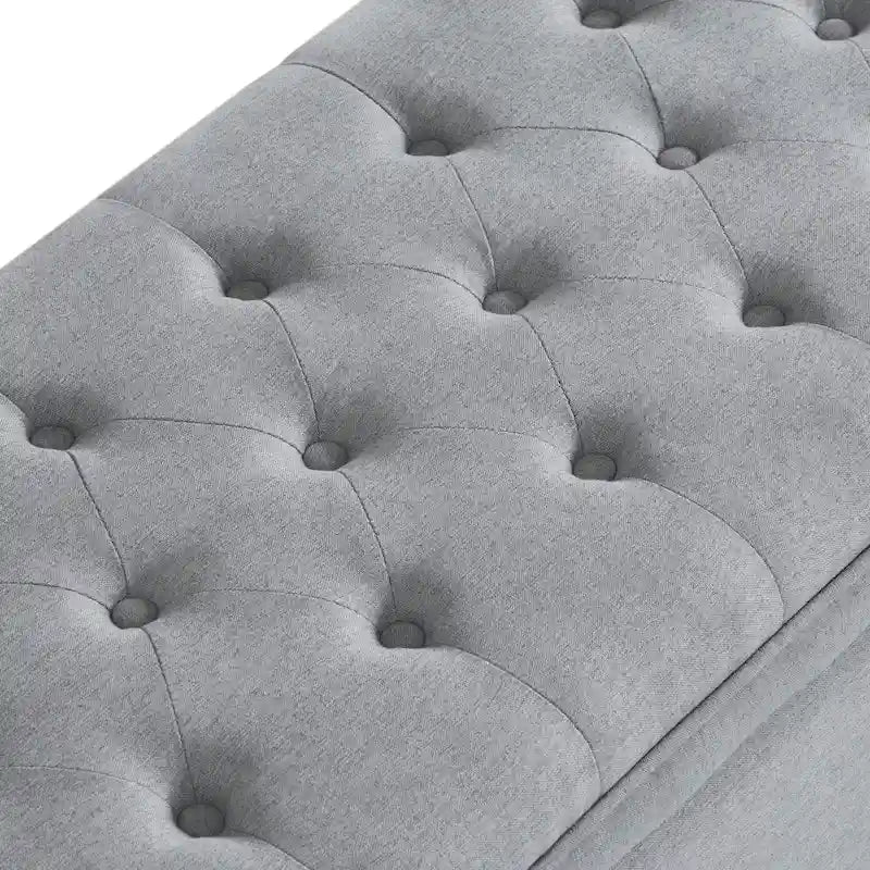 Banc de rangement capitonné en lin avec pieds en bois fuselés