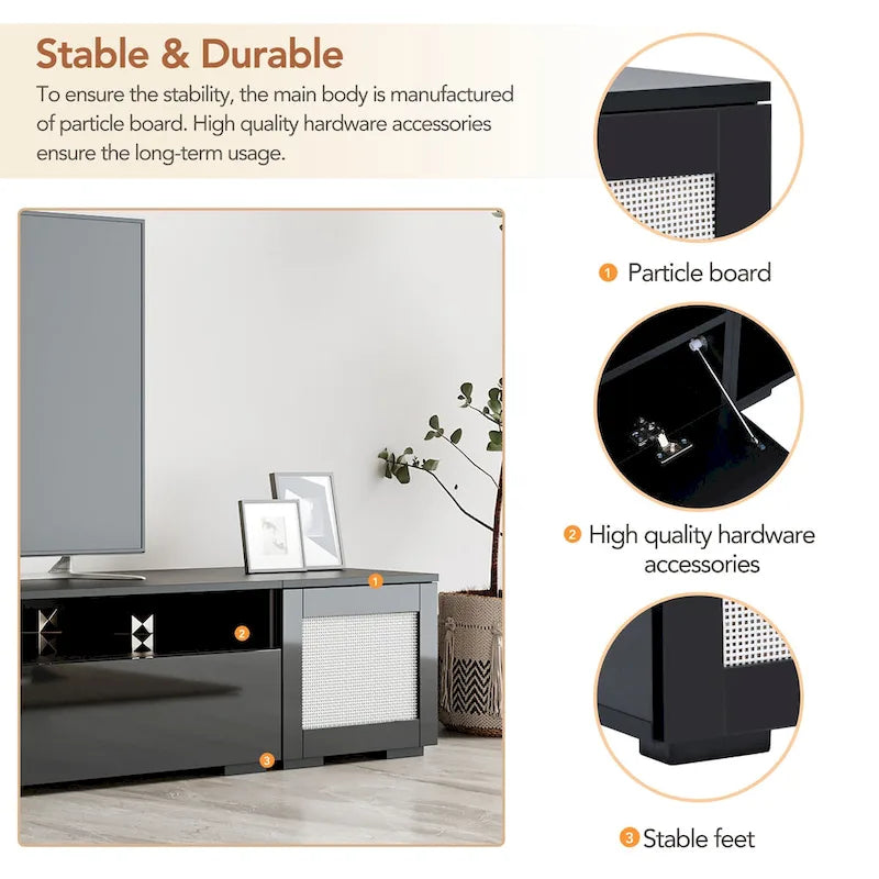 Meuble TV noir de 82,6 pouces avec portes à ouverture par pression et éclairage LED pour téléviseurs de 90 pouces