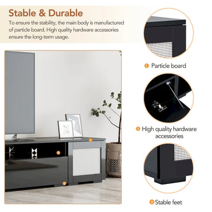 Meuble TV noir de 82,6 pouces avec portes à ouverture par pression et éclairage LED pour téléviseurs de 90 pouces