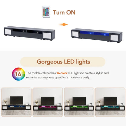 Meuble TV noir de 82,6 pouces avec portes à ouverture par pression et éclairage LED pour téléviseurs de 90 pouces