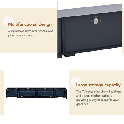 Meuble TV noir de 82,6 pouces avec portes à ouverture par pression et éclairage LED pour téléviseurs de 90 pouces