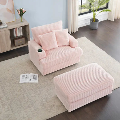 Fauteuil une place en velours côtelé rose 39,37 avec repose-pieds et porte-gobelet