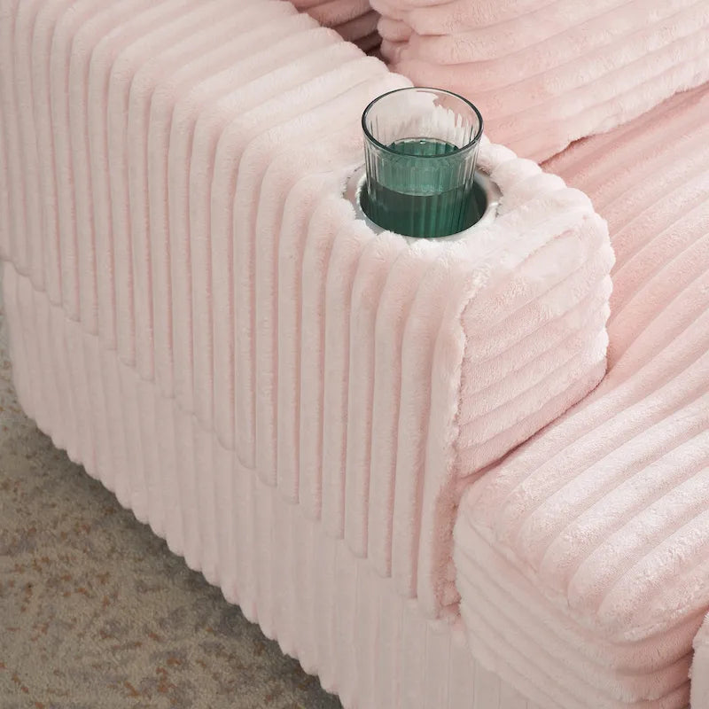 Fauteuil une place en velours côtelé rose 39,37 avec repose-pieds et porte-gobelet