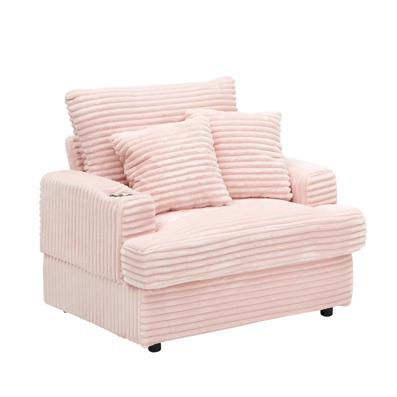 Fauteuil une place en velours côtelé rose 39,37 avec repose-pieds et porte-gobelet