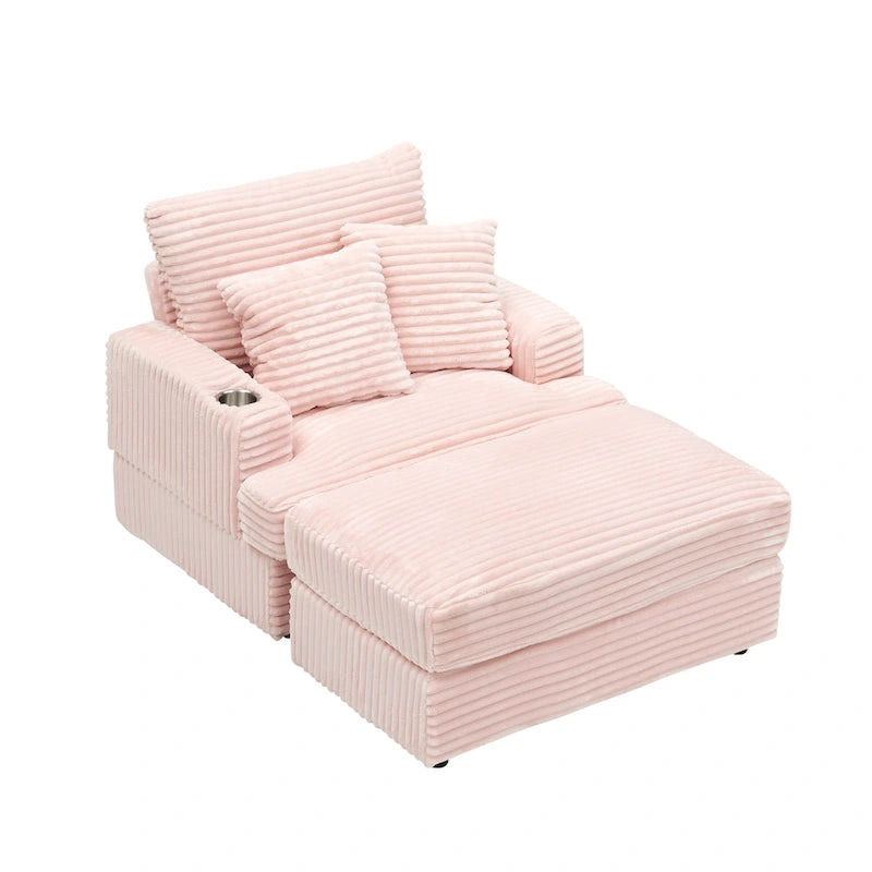 Fauteuil une place en velours côtelé rose 39,37 avec repose-pieds et porte-gobelet