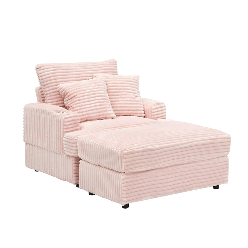 Fauteuil une place en velours côtelé rose 39,37 avec repose-pieds et porte-gobelet