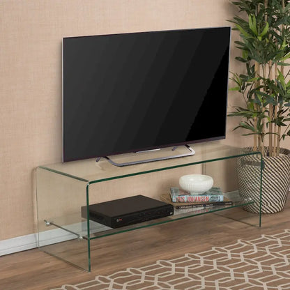 Meuble TV transparent de 39,37 pouces avec dos ouvert et étagère en verre pour téléviseurs jusqu'à 39 pouces.
