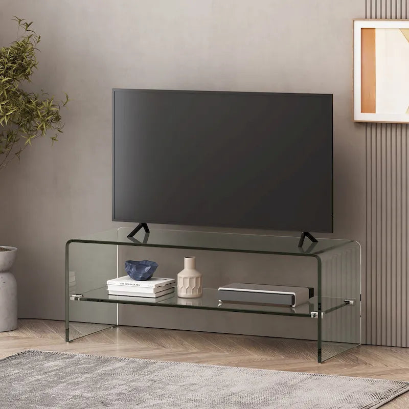 Meuble TV transparent de 39,37 pouces avec dos ouvert et étagère en verre pour téléviseurs jusqu'à 39 pouces.
