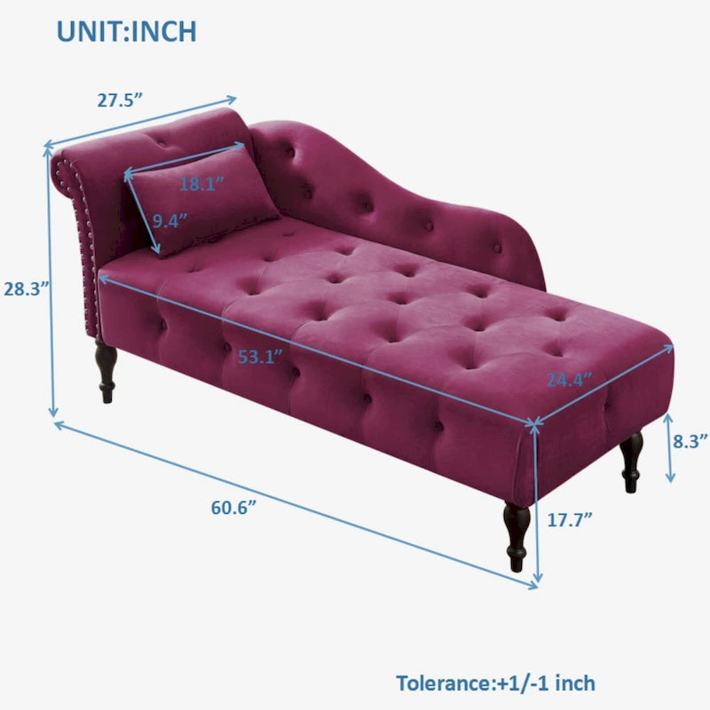 Chaise longue capitonnée en velours 60,6 cm avec clous décoratifs