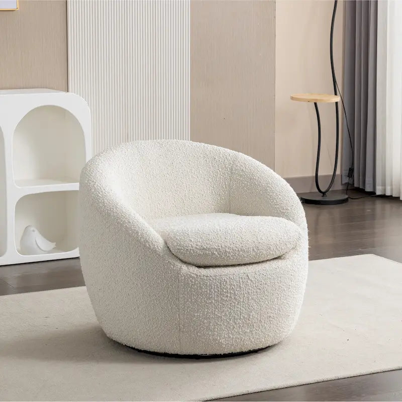 Fauteuil tonneau 31 bouclé blanc crème avec base pivotante