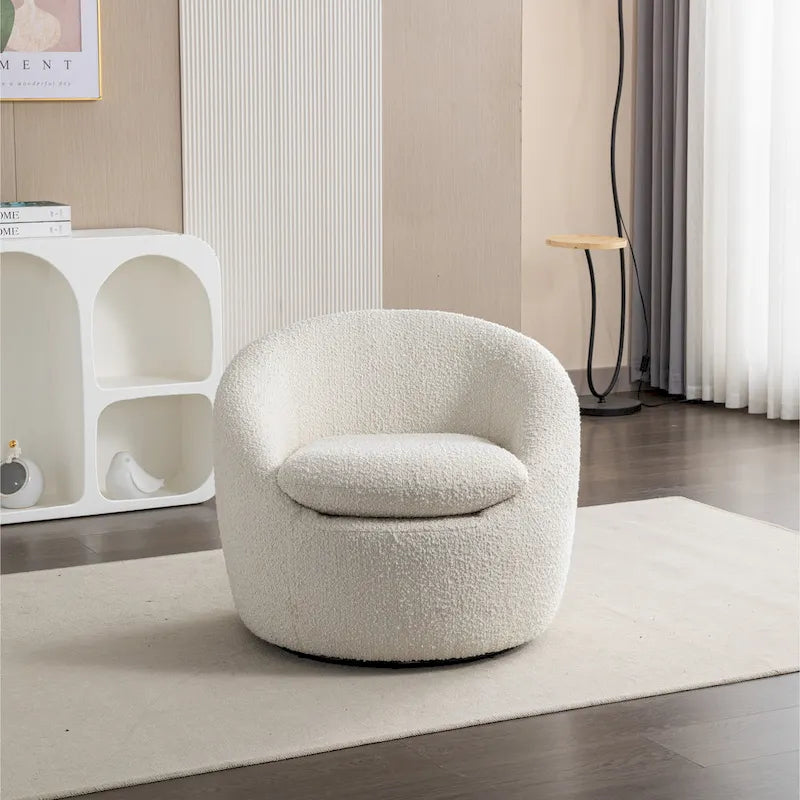 Fauteuil tonneau 31 bouclé blanc crème avec base pivotante