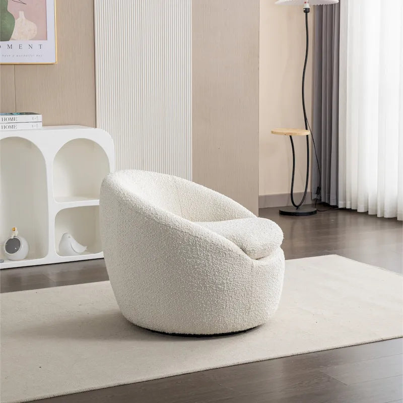 Fauteuil tonneau 31 bouclé blanc crème avec base pivotante