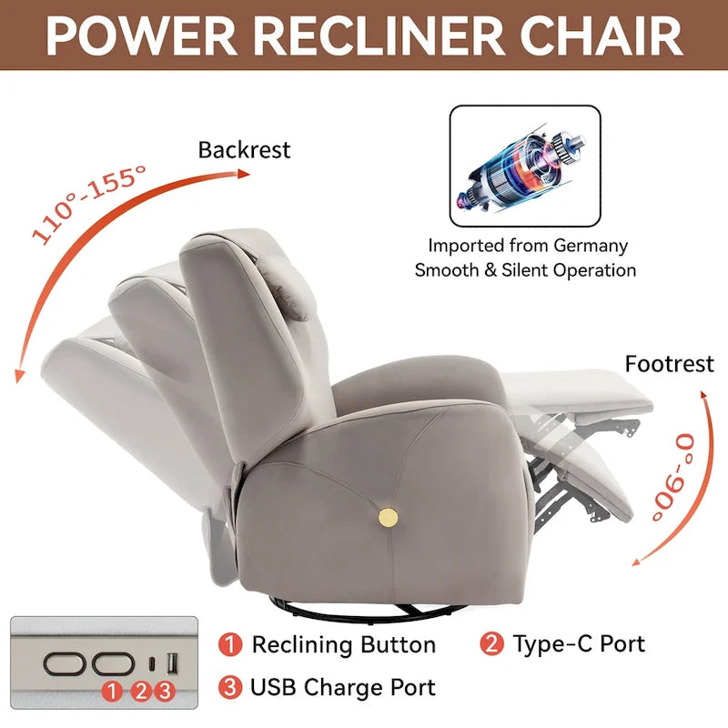 Fauteuil inclinable électrique pivotant et à bascule avec coussin de soutien lombaire et cervical, angle de rotation maximal de 270°, ports USB et Type-C