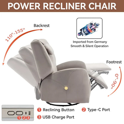 Fauteuil inclinable électrique pivotant et à bascule avec coussin de soutien lombaire et cervical, angle de rotation maximal de 270°, ports USB et Type-C