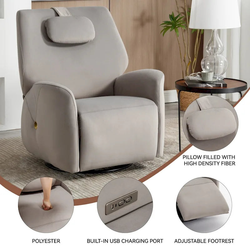 Fauteuil inclinable électrique pivotant et à bascule avec coussin de soutien lombaire et cervical, angle de rotation maximal de 270°, ports USB et Type-C