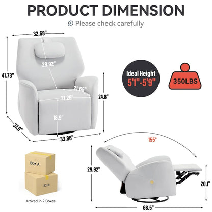 Fauteuil inclinable électrique pivotant et à bascule avec coussin de soutien lombaire et cervical, angle de rotation maximal de 270°, ports USB et Type-C