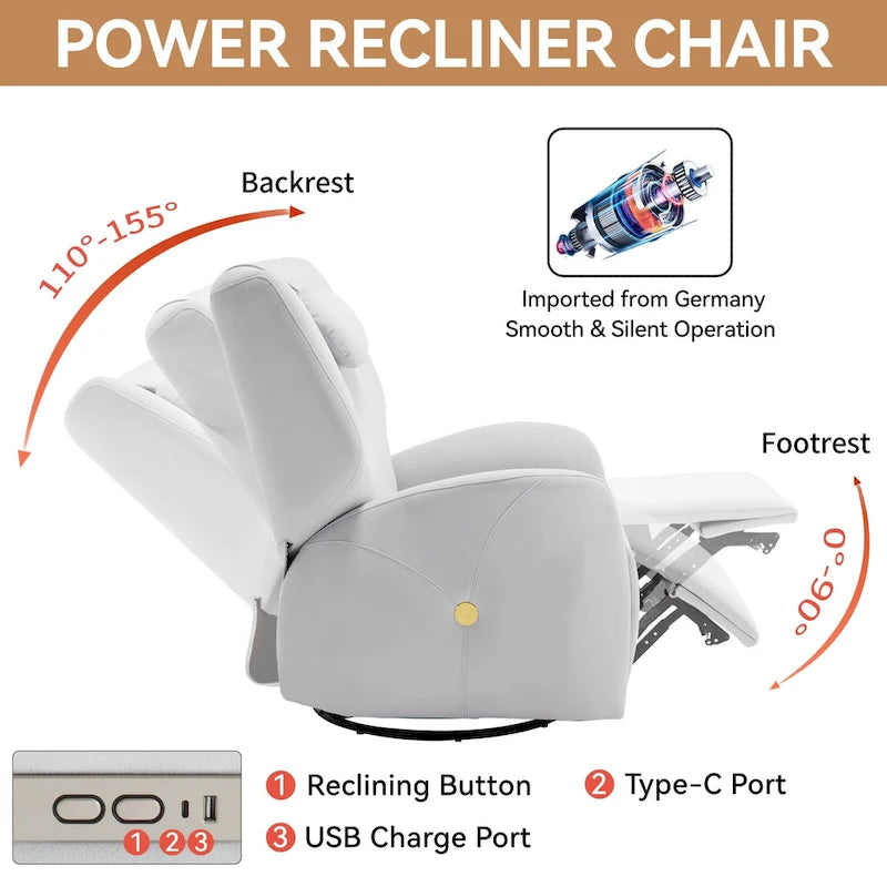 Fauteuil inclinable électrique pivotant et à bascule avec coussin de soutien lombaire et cervical, angle de rotation maximal de 270°, ports USB et Type-C