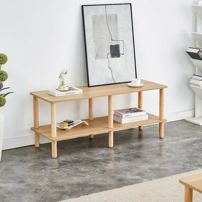 Modern 2-Tier TV Stand with Open Storage Shelf & Rubberwood Legs