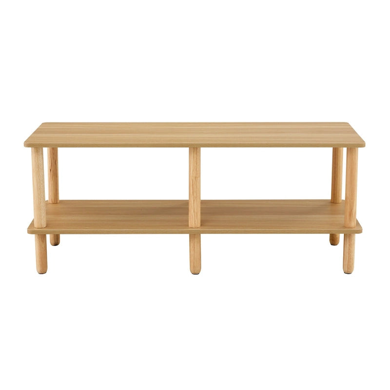 Meuble TV moderne à 2 niveaux avec étagère de rangement ouverte et pieds en bois d'hévéa