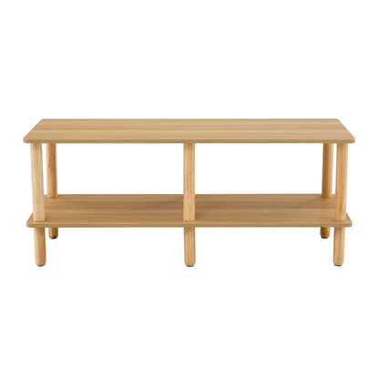 Meuble TV moderne à 2 niveaux avec étagère de rangement ouverte et pieds en bois d'hévéa