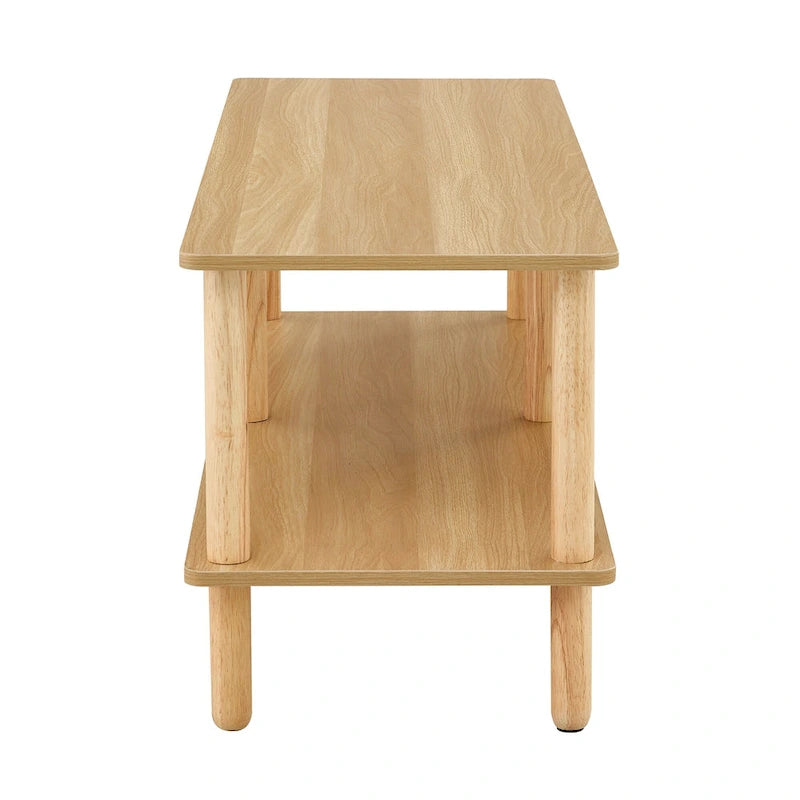Meuble TV moderne à 2 niveaux avec étagère de rangement ouverte et pieds en bois d'hévéa