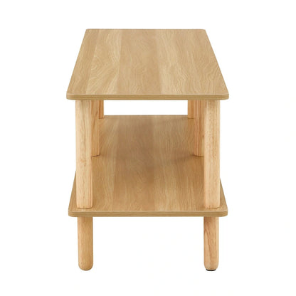 Meuble TV moderne à 2 niveaux avec étagère de rangement ouverte et pieds en bois d'hévéa