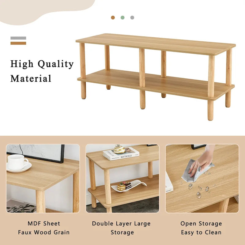 Meuble TV moderne à 2 niveaux avec étagère de rangement ouverte et pieds en bois d'hévéa