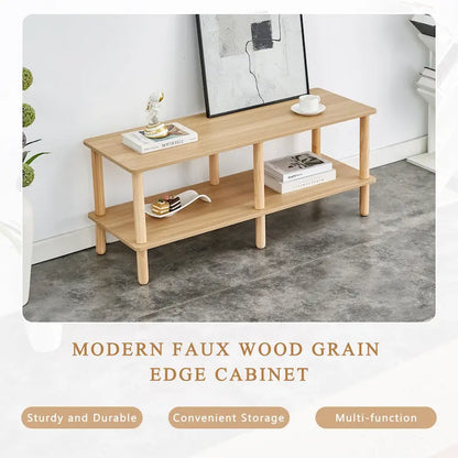 Meuble TV moderne à 2 niveaux avec étagère de rangement ouverte et pieds en bois d'hévéa