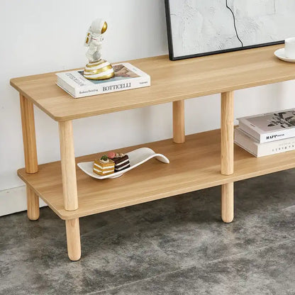 Meuble TV moderne à 2 niveaux avec étagère de rangement ouverte et pieds en bois d'hévéa