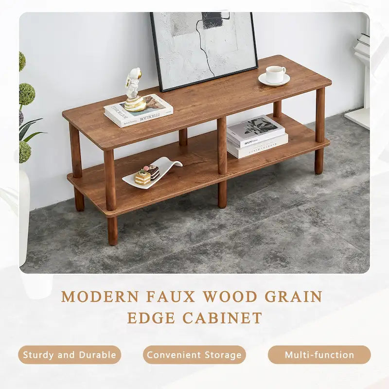 Meuble TV moderne à 2 niveaux avec étagère de rangement ouverte et pieds en bois d'hévéa