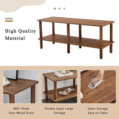 Meuble TV moderne à 2 niveaux avec étagère de rangement ouverte et pieds en bois d'hévéa