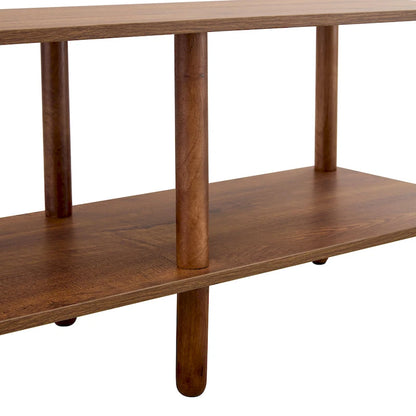 Meuble TV moderne à 2 niveaux avec étagère de rangement ouverte et pieds en bois d'hévéa