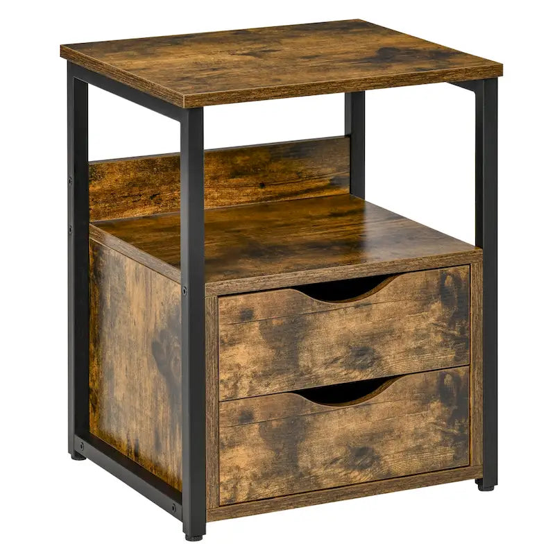 Industrial Side Table with 2 Drawers, Small End Table with Storage Shelf, Accent Sofa Table with Groove Handle and Metal Frame
