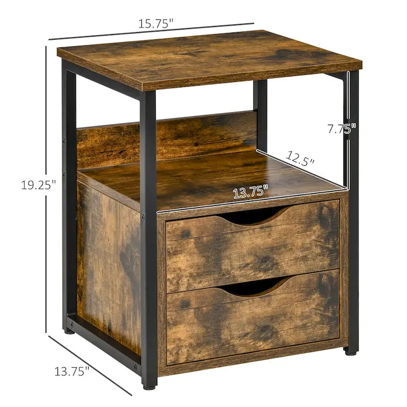 Table d'appoint industrielle à 2 tiroirs, petite table de chevet avec étagère de rangement, table d'appoint pour canapé avec poignée rainurée et structure en métal