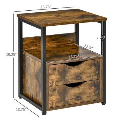 Table d'appoint industrielle à 2 tiroirs, petite table de chevet avec étagère de rangement, table d'appoint pour canapé avec poignée rainurée et structure en métal