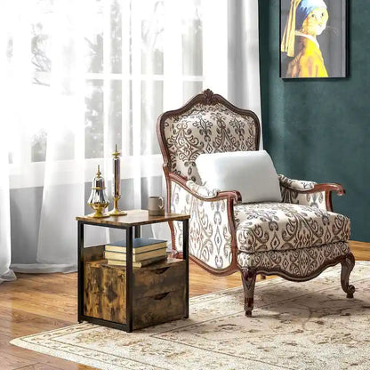 Table d'appoint industrielle à 2 tiroirs, petite table de chevet avec étagère de rangement, table d'appoint pour canapé avec poignée rainurée et structure en métal