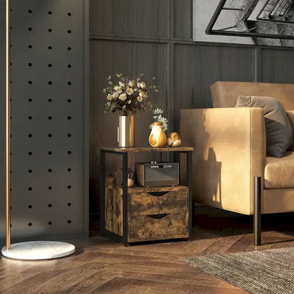 Table d'appoint industrielle à 2 tiroirs, petite table de chevet avec étagère de rangement, table d'appoint pour canapé avec poignée rainurée et structure en métal