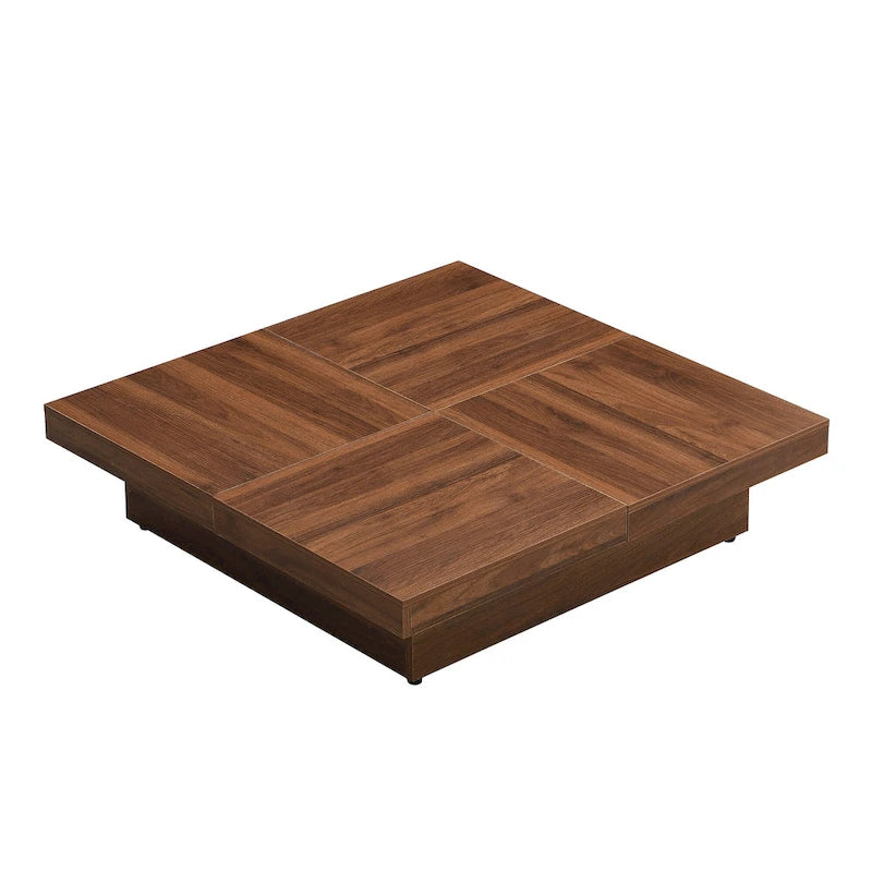 Table basse carrée en placage de marbre avec plateau coulissant et rangement intégré, finition noyer, 39,4 cm