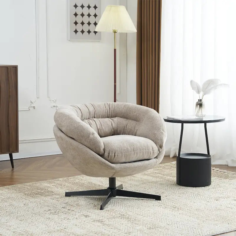 Fauteuil club/fauteuil d'appoint pivotant à 360° en chenille avec coussin amovible, fauteuil de bureau rond avec piètement en métal noir