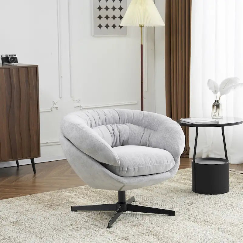 Fauteuil club/fauteuil d'appoint pivotant à 360° en chenille avec coussin amovible, fauteuil de bureau rond avec piètement en métal noir