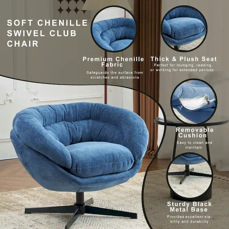 Fauteuil club/fauteuil d'appoint pivotant à 360° en chenille avec coussin amovible, fauteuil de bureau rond avec piètement en métal noir