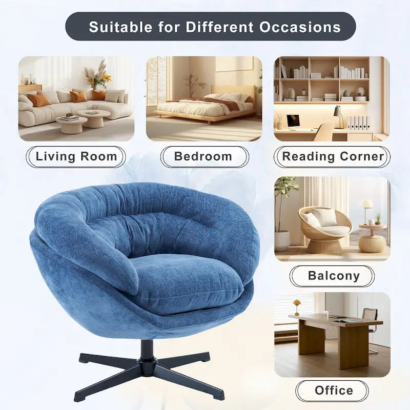 Fauteuil club/fauteuil d'appoint pivotant à 360° en chenille avec coussin amovible, fauteuil de bureau rond avec piètement en métal noir