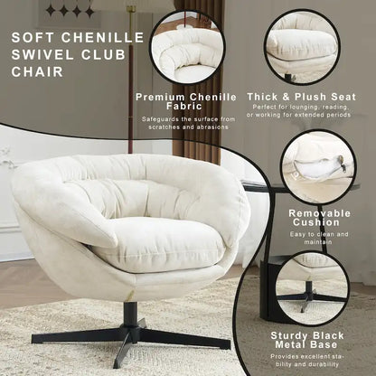 Fauteuil club/fauteuil d'appoint pivotant à 360° en chenille avec coussin amovible, fauteuil de bureau rond avec piètement en métal noir